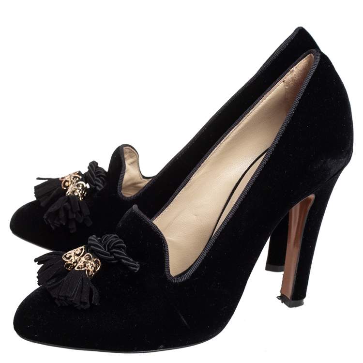 Pre Owned Etro Black Velvet Tassel Embellished Loafer Pumps Size 38.5