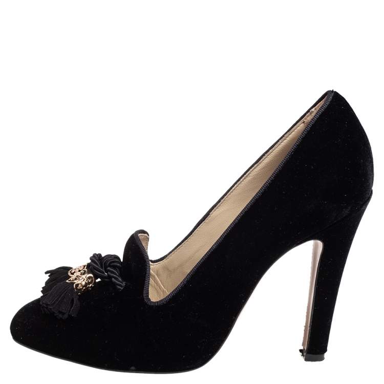 Pre Owned Etro Black Velvet Tassel Embellished Loafer Pumps Size 38.5