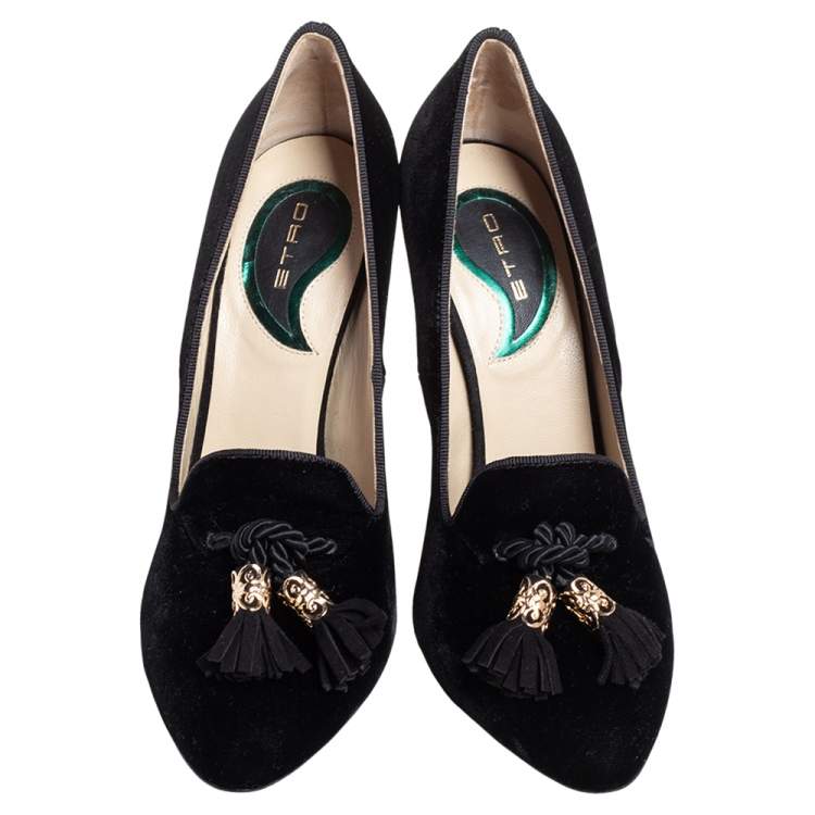 Pre Owned Etro Black Velvet Tassel Embellished Loafer Pumps Size 38.5