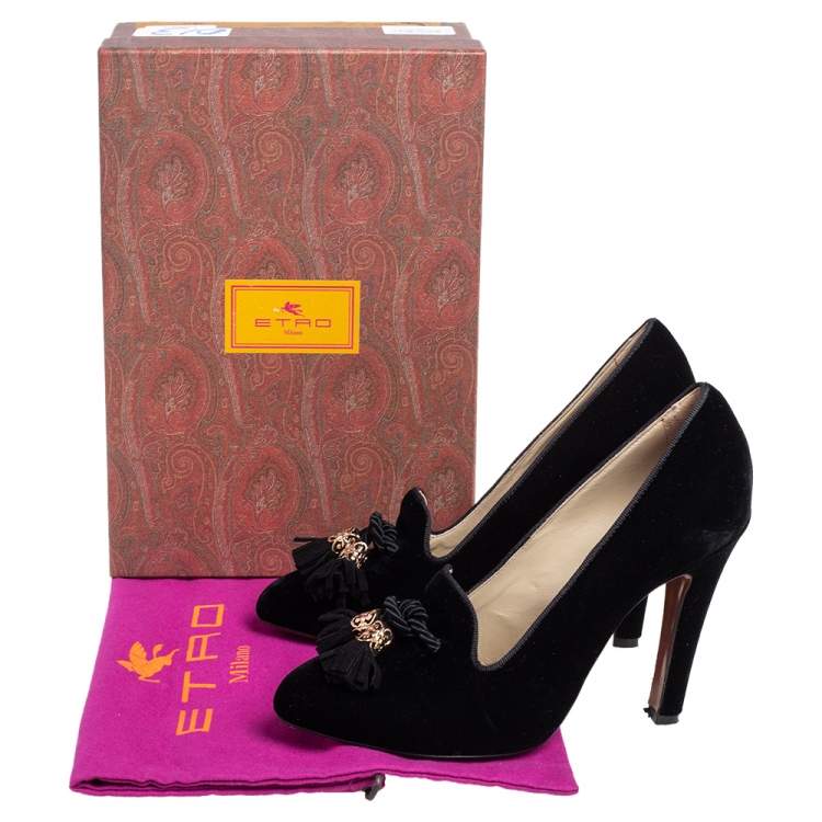 Pre Owned Etro Black Velvet Tassel Embellished Loafer Pumps Size 38.5
