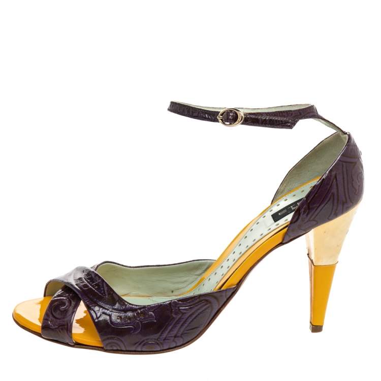 Pre Owned Etro Purple Patent Embossed Leather Cross Ankle Strap Sandals Size 40.5