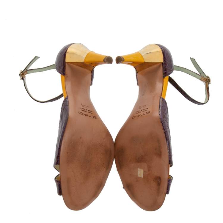 Pre Owned Etro Purple Patent Embossed Leather Cross Ankle Strap Sandals Size 40.5
