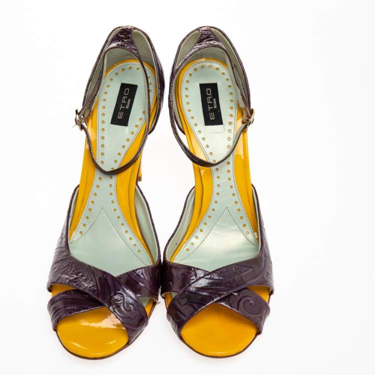 Pre Owned Etro Purple Patent Embossed Leather Cross Ankle Strap Sandals Size 40.5