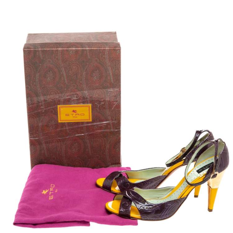 Pre Owned Etro Purple Patent Embossed Leather Cross Ankle Strap Sandals Size 40.5