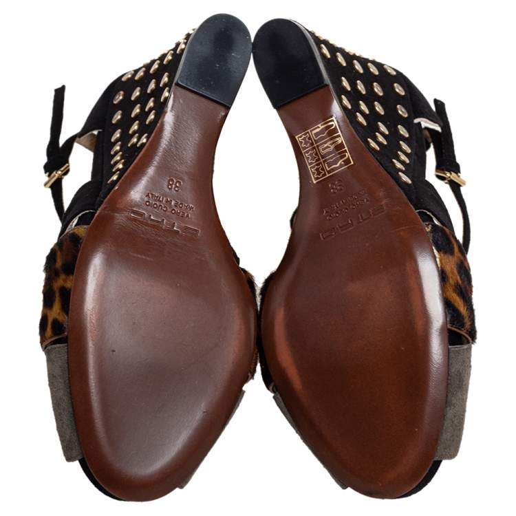 Pre Owned Etro Multicolor Suede And Pony hair Wedge Sandals Size 38