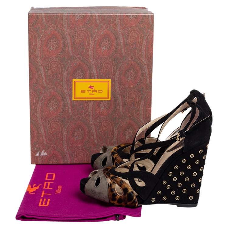 Pre Owned Etro Multicolor Suede And Pony hair Wedge Sandals Size 38