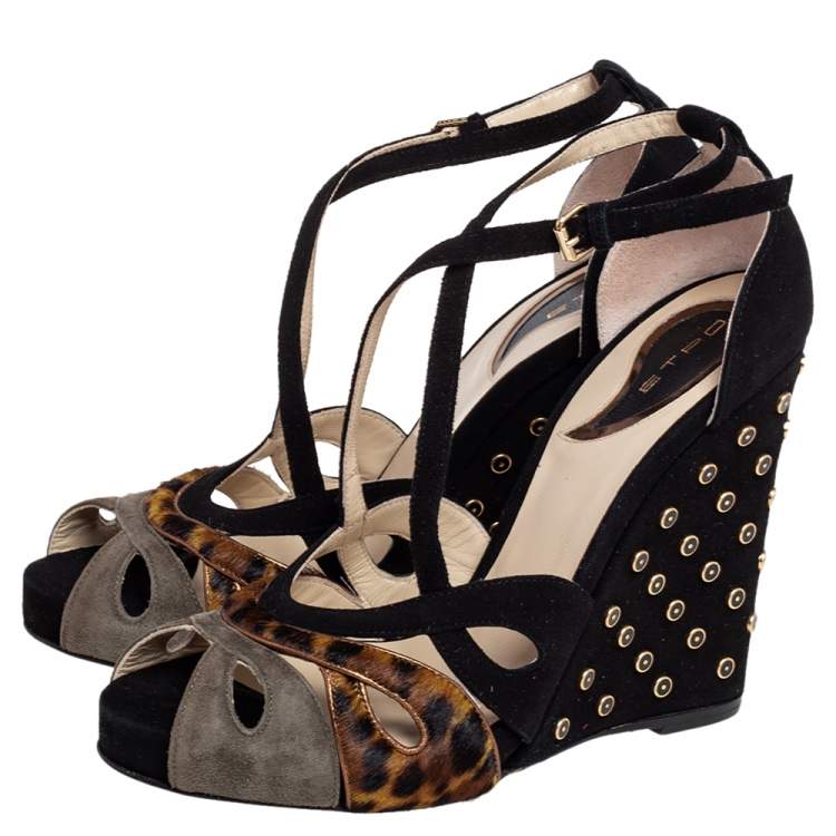 Pre Owned Etro Multicolor Suede And Pony hair Wedge Sandals Size 38