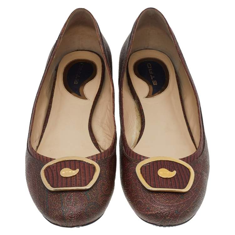 Pre Owned Etro Brown Paisley Printed Coated Canvas Ballet Flats Size 38