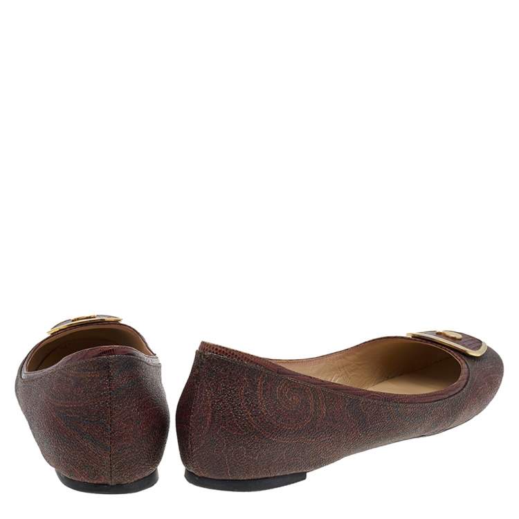 Pre Owned Etro Brown Paisley Printed Coated Canvas Ballet Flats Size 38