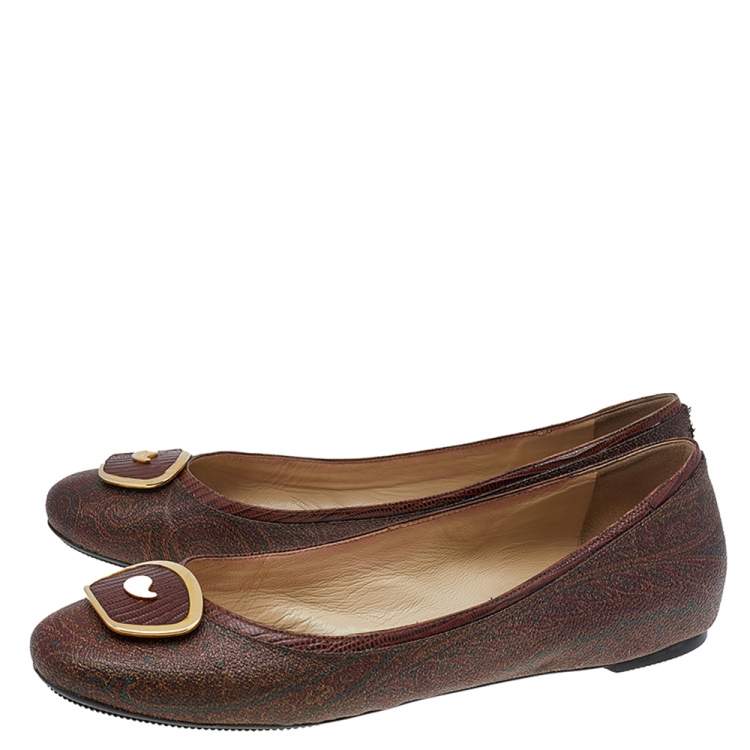 Pre Owned Etro Brown Paisley Printed Coated Canvas Ballet Flats Size 38