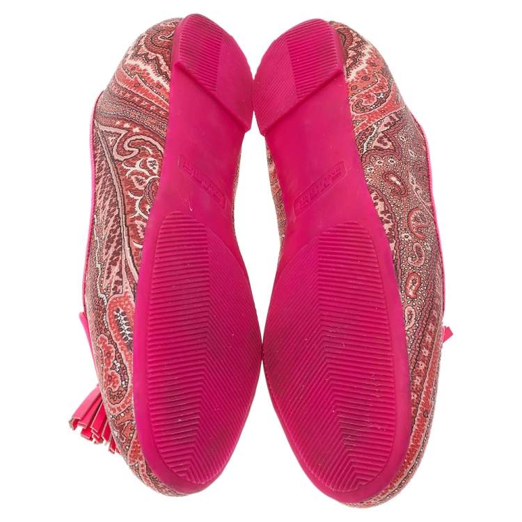 Pre Owned Etro Multicolor Printed Coated Canvas Fringes Tassels Ballet Flats Size 39