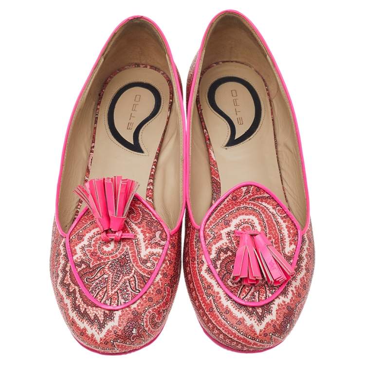 Pre Owned Etro Multicolor Printed Coated Canvas Fringes Tassels Ballet Flats Size 39