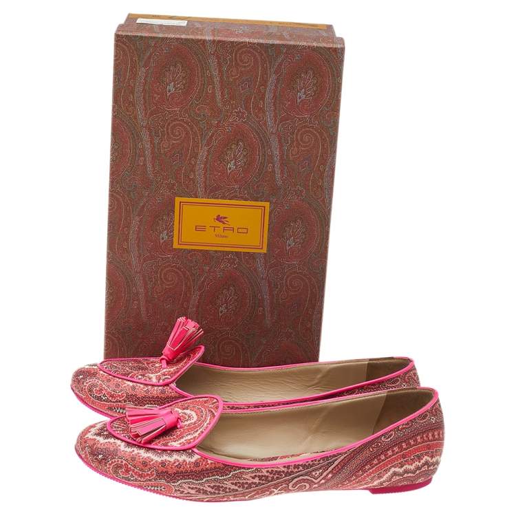 Pre Owned Etro Multicolor Printed Coated Canvas Fringes Tassels Ballet Flats Size 39