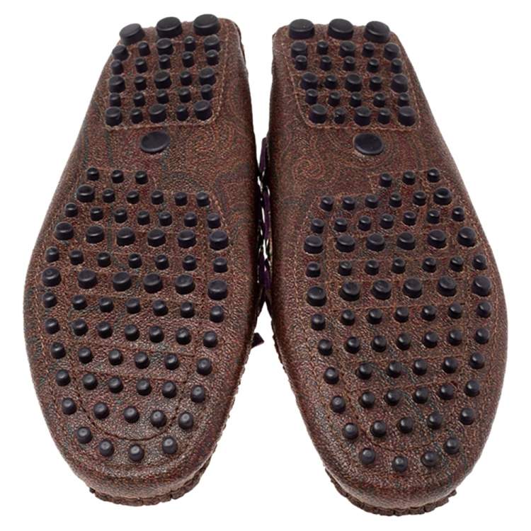 Pre Owned Etro Brown Paisley Print Coated Canvas Bow Slip On Loafers Size 38