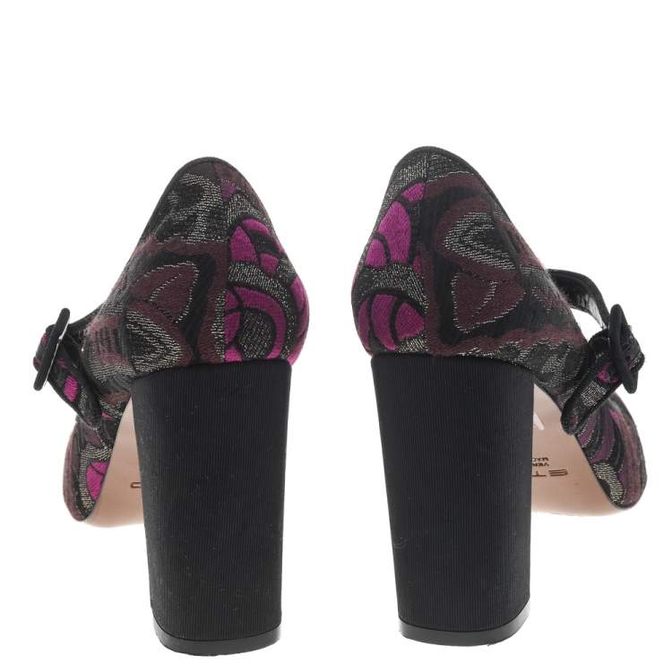 Pre Owned Etro Purple/Black Brocade Fabric Mary Jane Block Heel Pumps Size 38