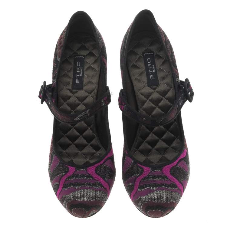 Pre Owned Etro Purple/Black Brocade Fabric Mary Jane Block Heel Pumps Size 38