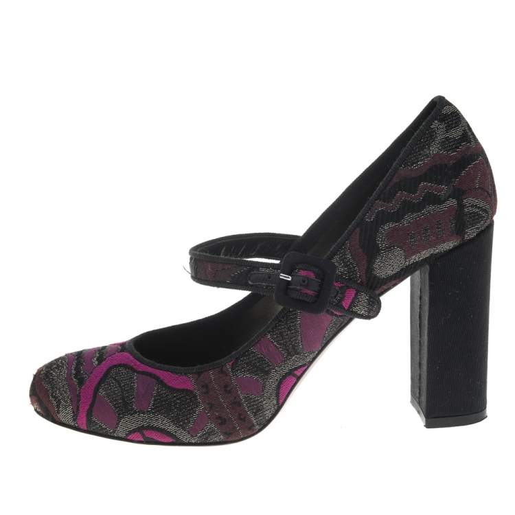 Pre Owned Etro Purple/Black Brocade Fabric Mary Jane Block Heel Pumps Size 38