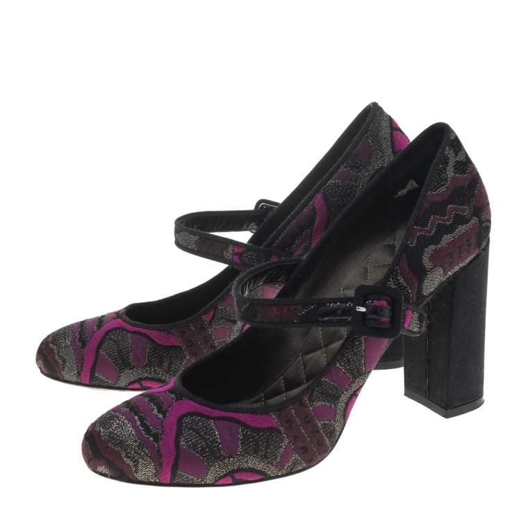 Pre Owned Etro Purple/Black Brocade Fabric Mary Jane Block Heel Pumps Size 38