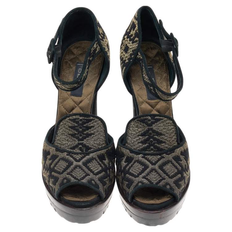 Pre Owned Etro Black Printed Brocade Fabric Ankle Strap Sandals Size 38