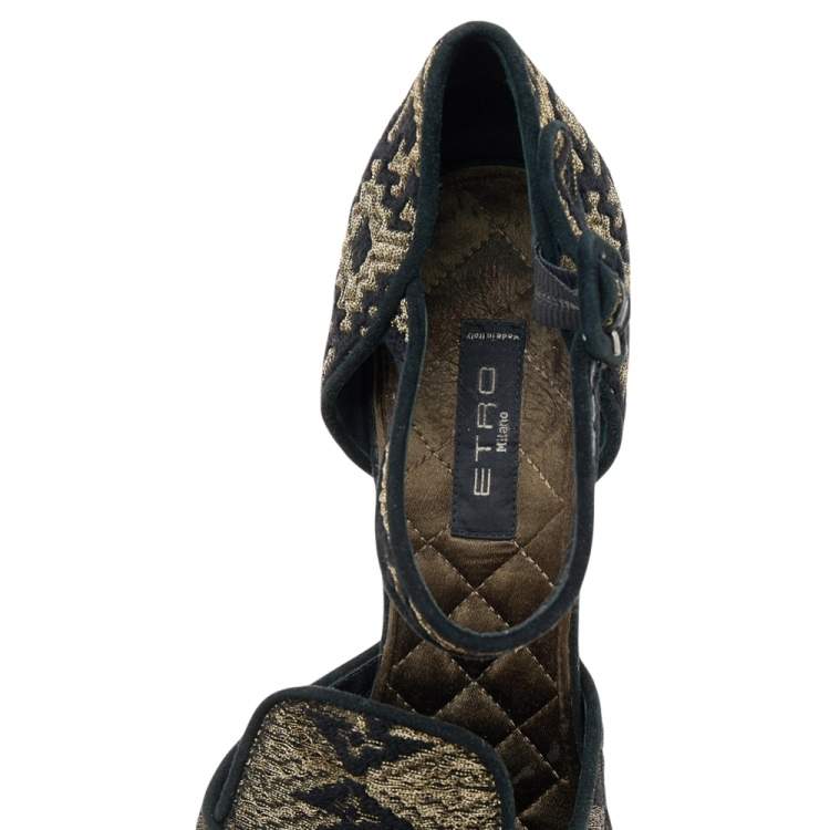 Pre Owned Etro Black Printed Brocade Fabric Ankle Strap Sandals Size 38