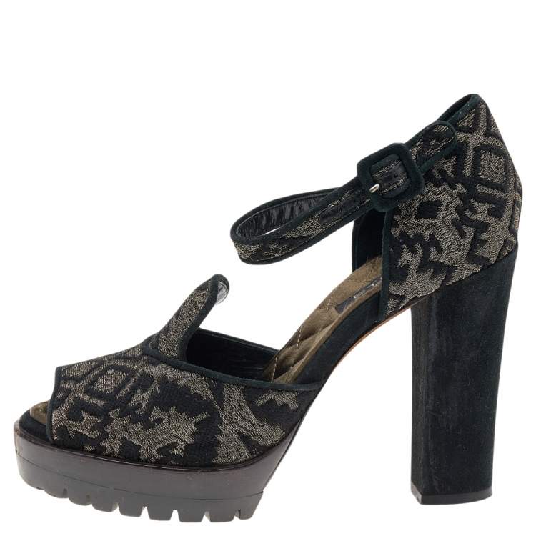Pre Owned Etro Black Printed Brocade Fabric Ankle Strap Sandals Size 38