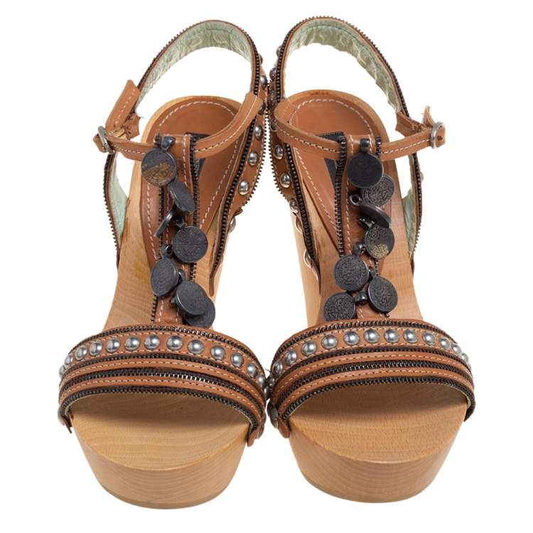 Pre Owned Etro Tan Leather Embellished Platform Ankle Strap Sandals Size 36 