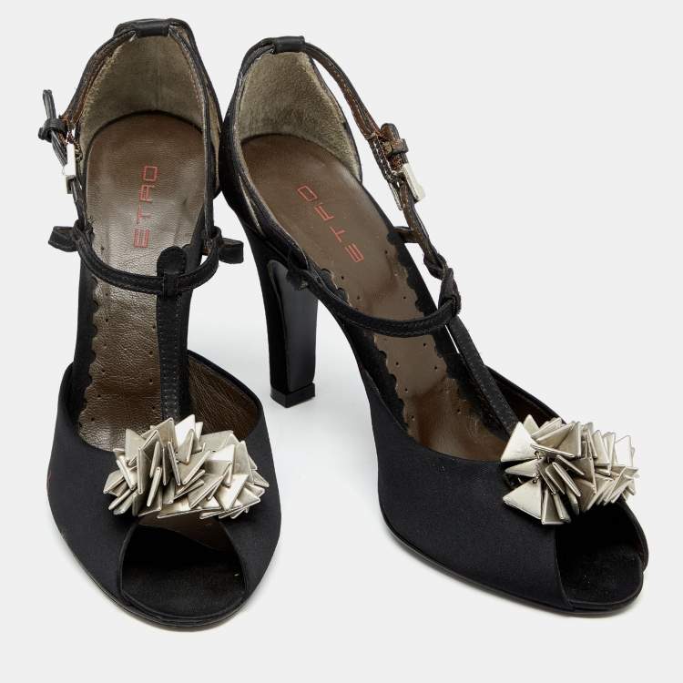 Pre Owned Etro Black Satin Embellished T Strap Sandals Size 36