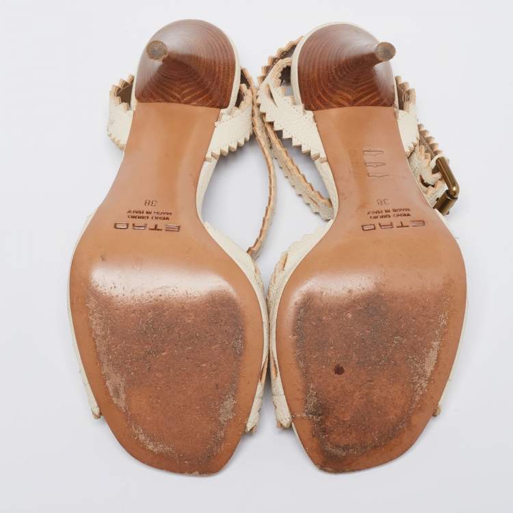 Pre Owned Etro  Cream Leather Cutout  Ankle Strap Sandals Size 38