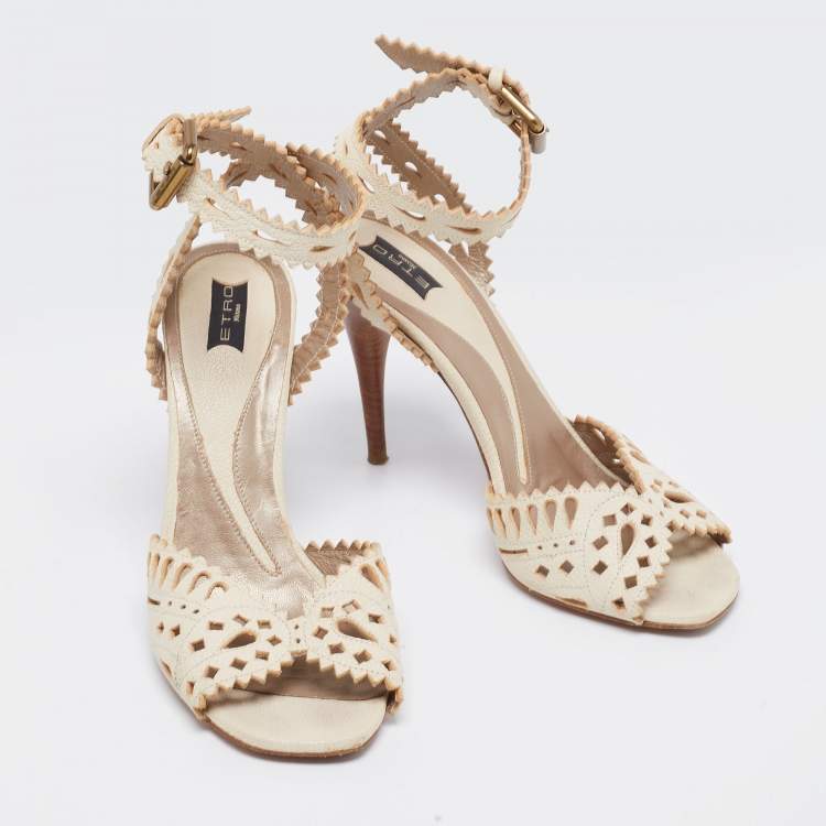 Pre Owned Etro  Cream Leather Cutout  Ankle Strap Sandals Size 38