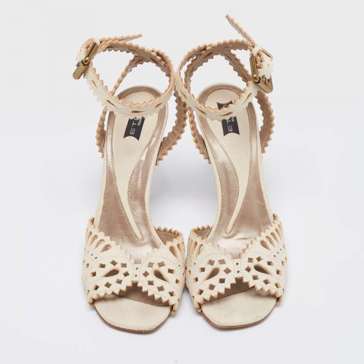 Pre Owned Etro  Cream Leather Cutout  Ankle Strap Sandals Size 38