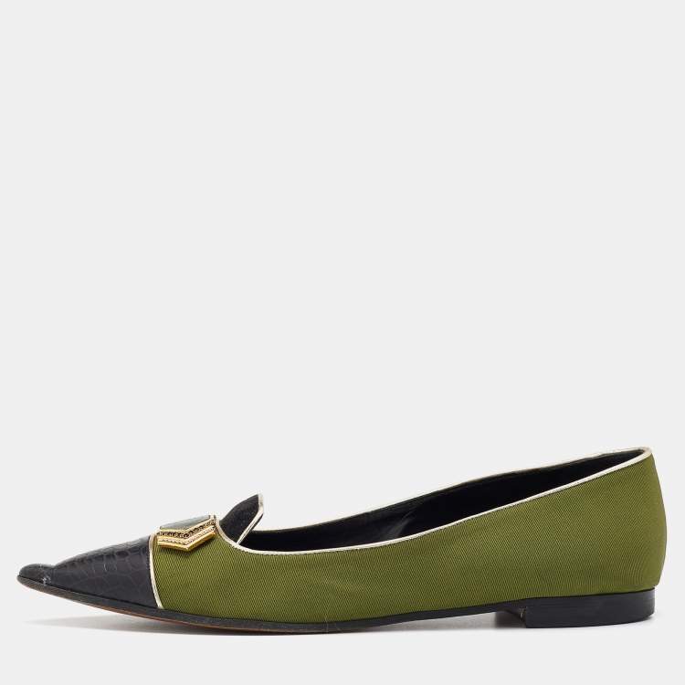 Pre Owned Etro Green/Black Fabric And Leather Ballet Flats Size 38