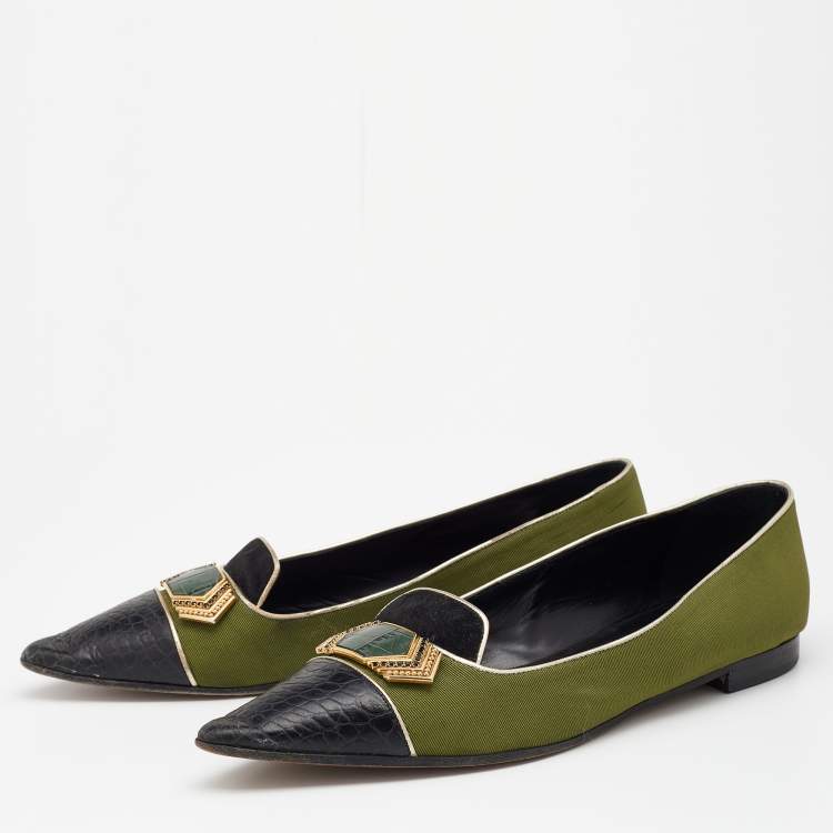 Pre Owned Etro Green/Black Fabric And Leather Ballet Flats Size 38