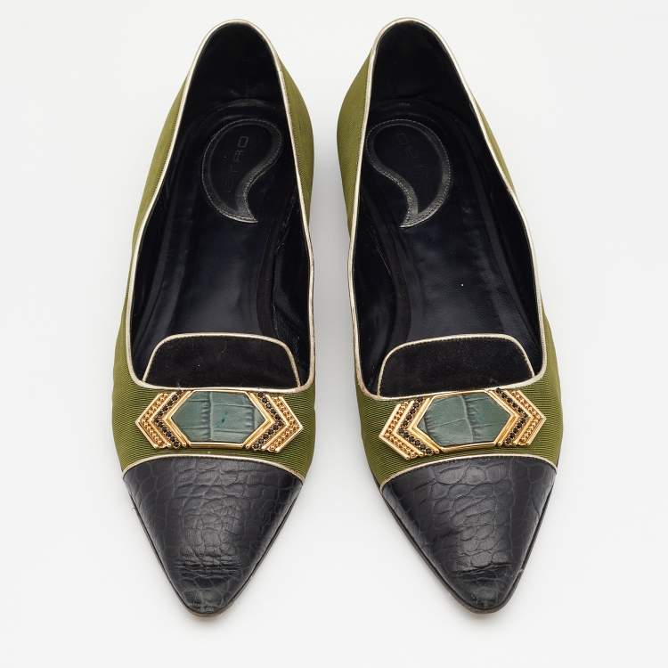 Pre Owned Etro Green/Black Fabric And Leather Ballet Flats Size 38