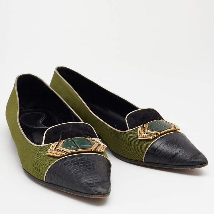 Pre Owned Etro Green/Black Fabric And Leather Ballet Flats Size 38