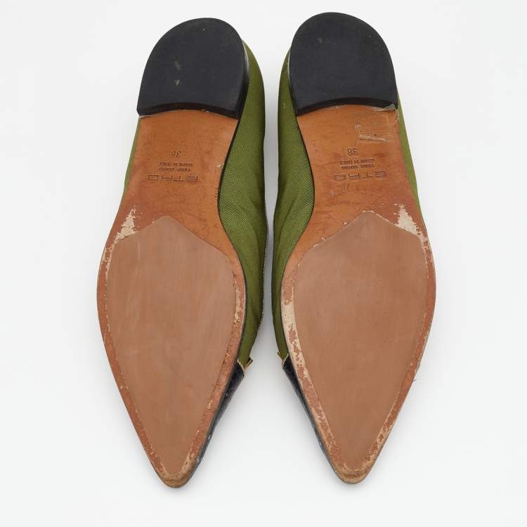 Pre Owned Etro Green/Black Fabric And Leather Ballet Flats Size 38