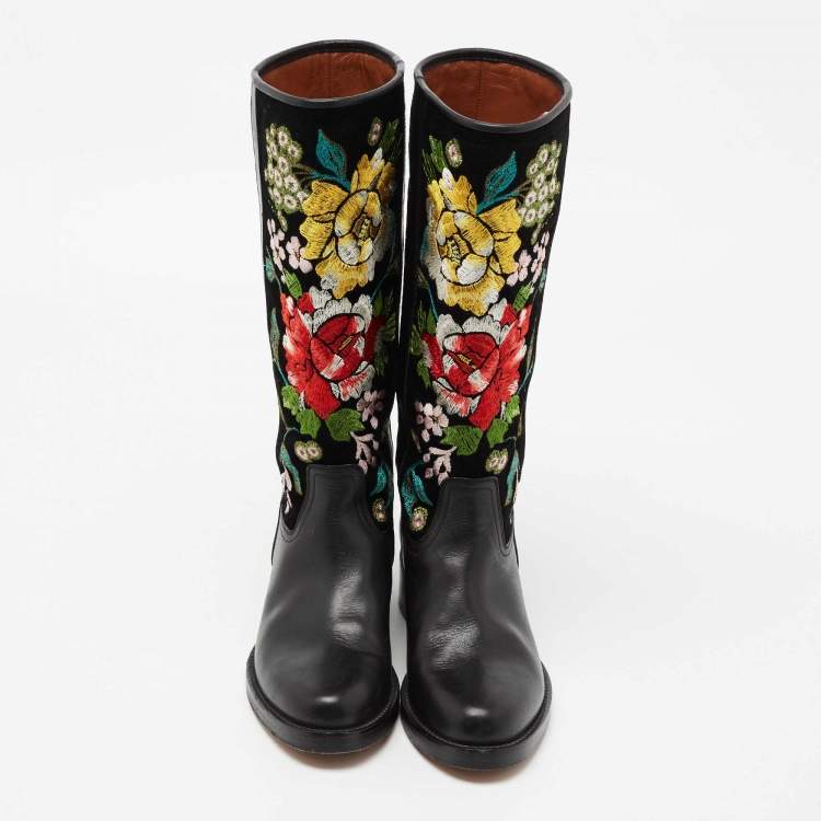 Pre Owned Etro Black Leather And Suede Embroidered Knee Length Boots Size 37 