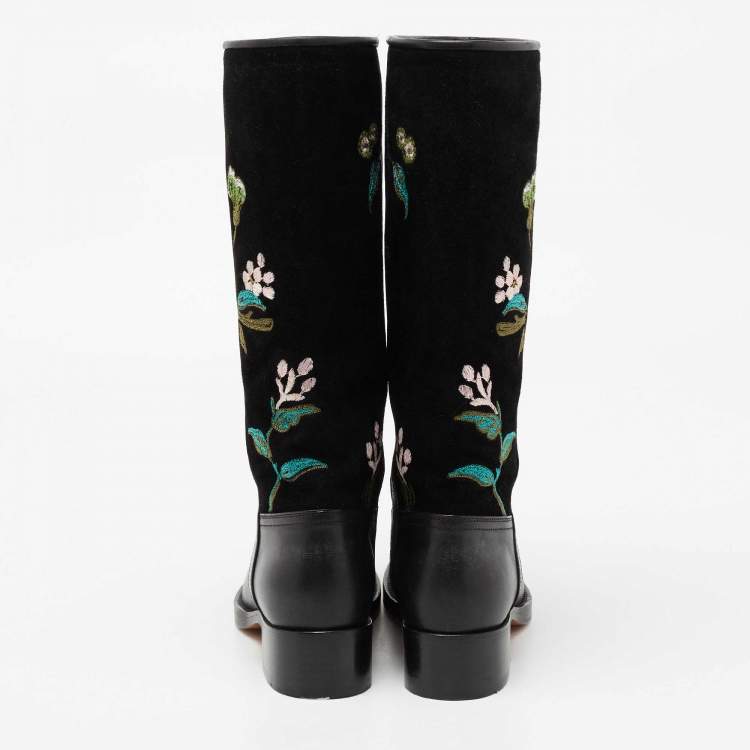Pre Owned Etro Black Leather And Suede Embroidered Knee Length Boots Size 37 