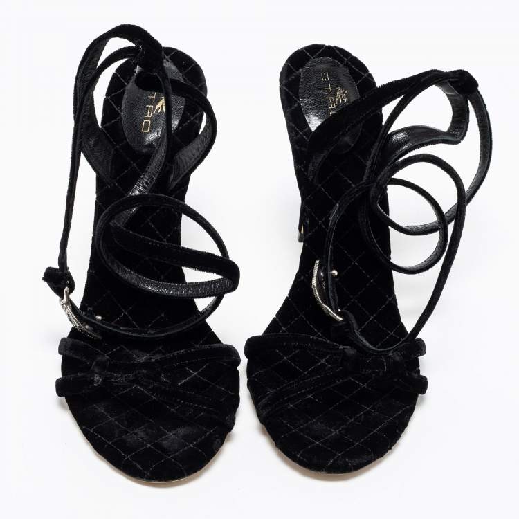 Pre Owned Etro Black Velvet Ankle Strap Sandals Size 41