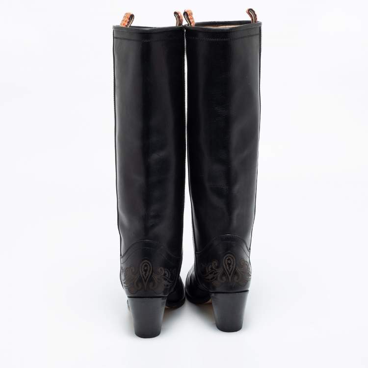 Pre Owned Etro Black Leather Knee Length Block Heel Boots Size 40