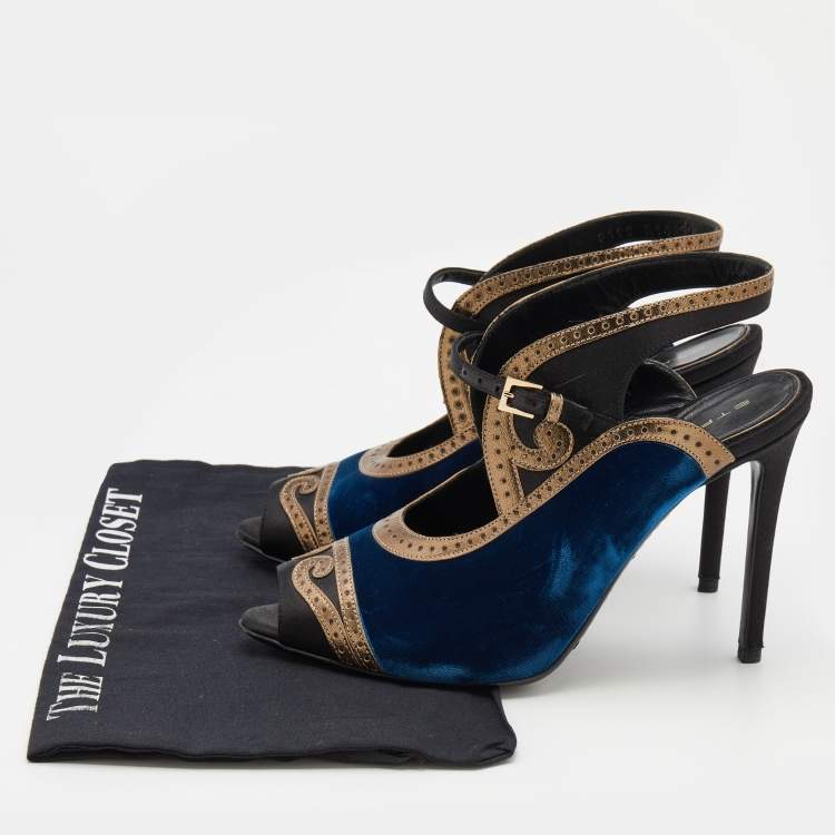 Pre Owned Etro Tri-Color Satin, Leather And Velvet Peep Toe Sandals Size 39