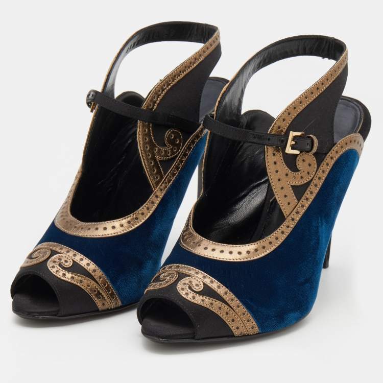 Pre Owned Etro Tri-Color Satin, Leather And Velvet Peep Toe Sandals Size 39