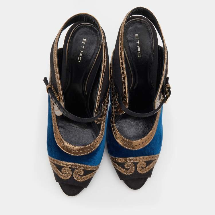 Pre Owned Etro Tri-Color Satin, Leather And Velvet Peep Toe Sandals Size 39