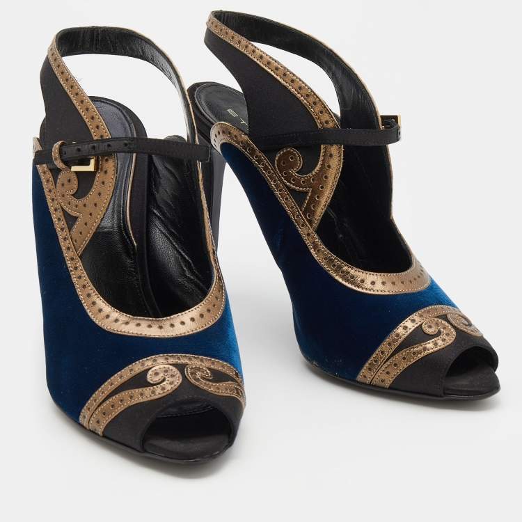 Pre Owned Etro Tri-Color Satin, Leather And Velvet Peep Toe Sandals Size 39
