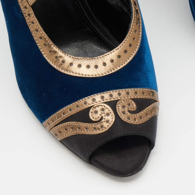Pre Owned Etro Tri-Color Satin, Leather And Velvet Peep Toe Sandals Size 39