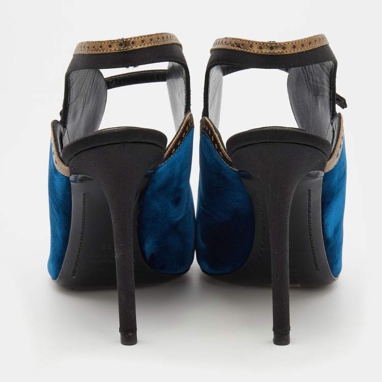 Pre Owned Etro Tri-Color Satin, Leather And Velvet Peep Toe Sandals Size 39