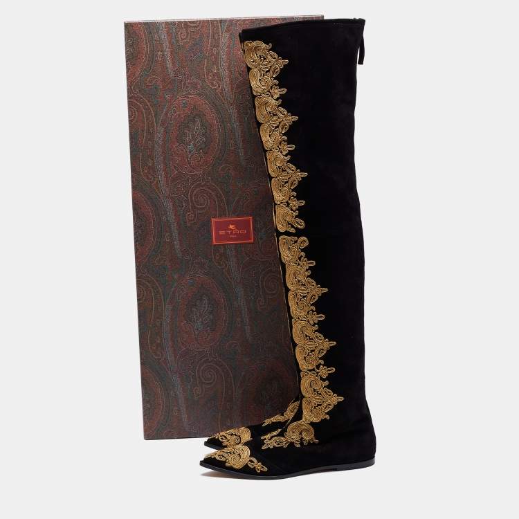 Pre Owned Etro Black Suede Paisley Embroidered Thigh-High Boots  Size 38