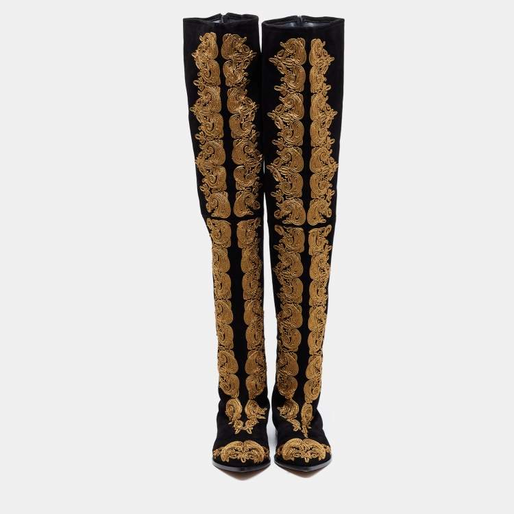 Pre Owned Etro Black Suede Paisley Embroidered Thigh-High Boots  Size 38