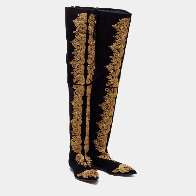 Pre Owned Etro Black Suede Paisley Embroidered Thigh-High Boots  Size 38