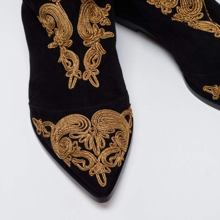 Pre Owned Etro Black Suede Paisley Embroidered Thigh-High Boots  Size 38