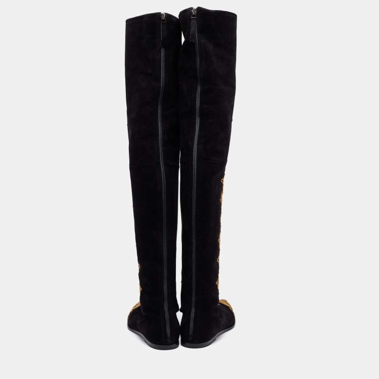 Pre Owned Etro Black Suede Paisley Embroidered Thigh-High Boots  Size 38